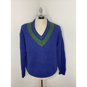 Vintage Sweater Mens M Blue Green Cable Knit Grandpa Core Heavyweight Tennis